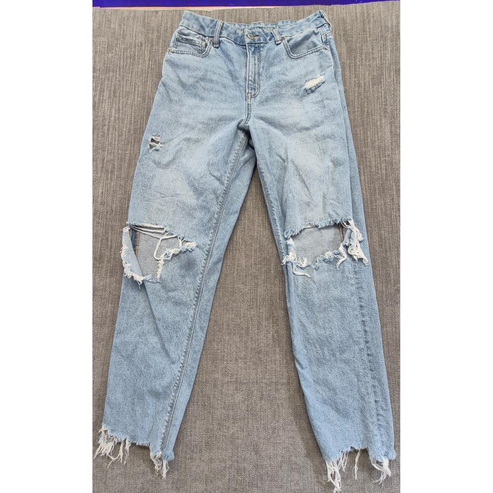 American Eagle STRIGID women's Curvy Mom denim blue Jeans sz 8 heavy distressed